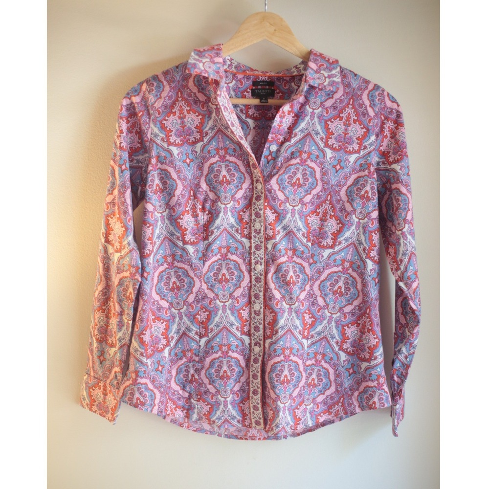 Talbots Petite 2P Paisley Button Down Shirt Pink Blue Long Sleeve Cotton - Picture 2 of 10